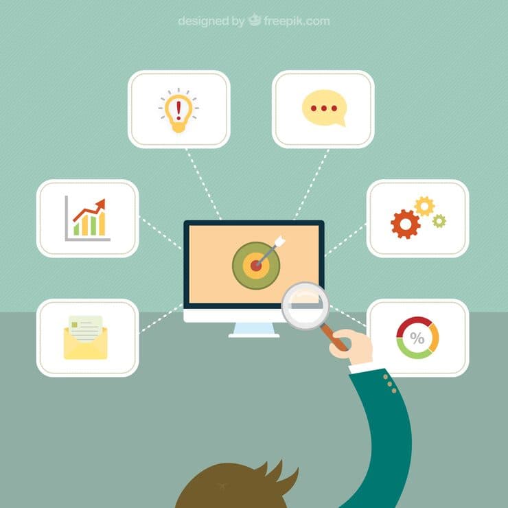 Illustration of a computer linked to idea, chat, chart, settings and report cards