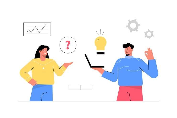 Illustration of two colleagues discussing requirements and ideas