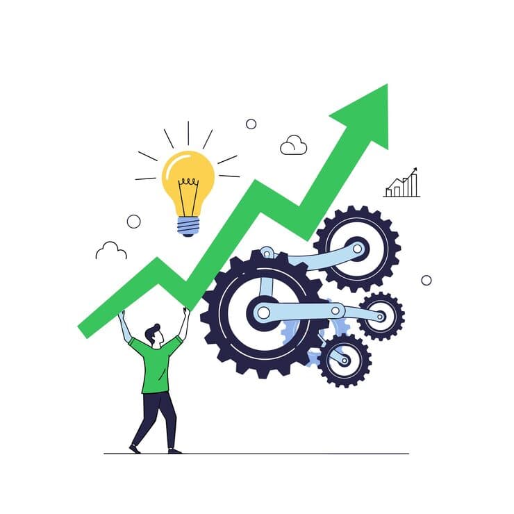 Illustration of a person lifting a rising growth arrow beside turning gears