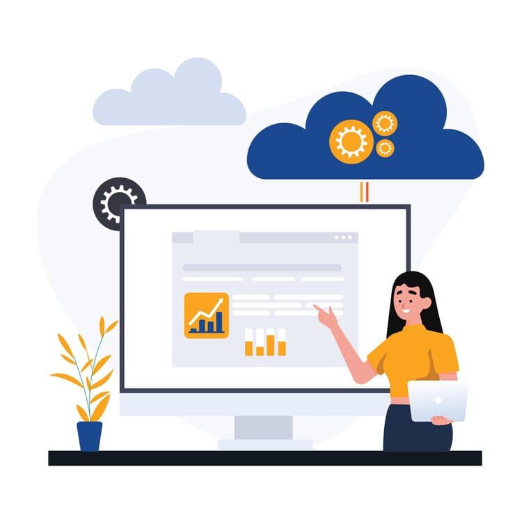 Illustration of a woman presenting a dashboard on a large screen