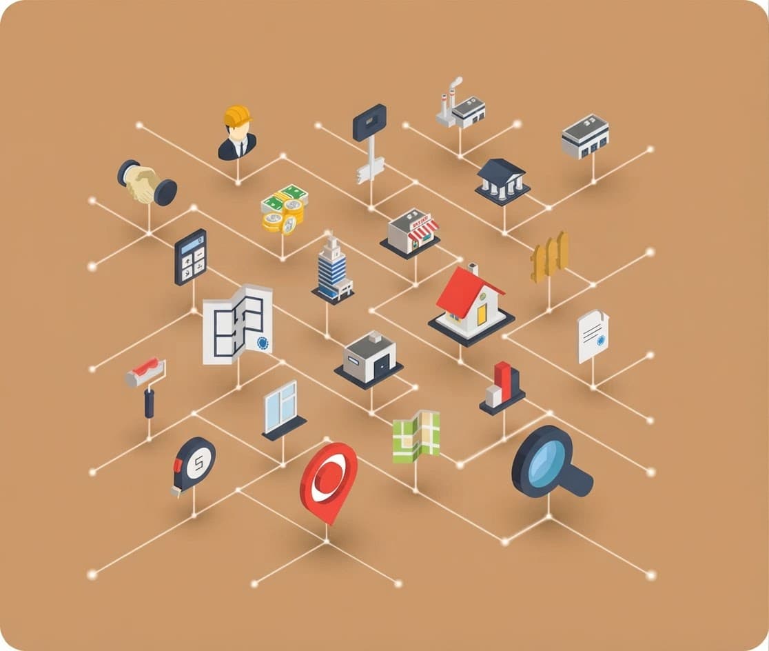 Isometric illustration of buildings, payments, documents and site locations linked in one connected network