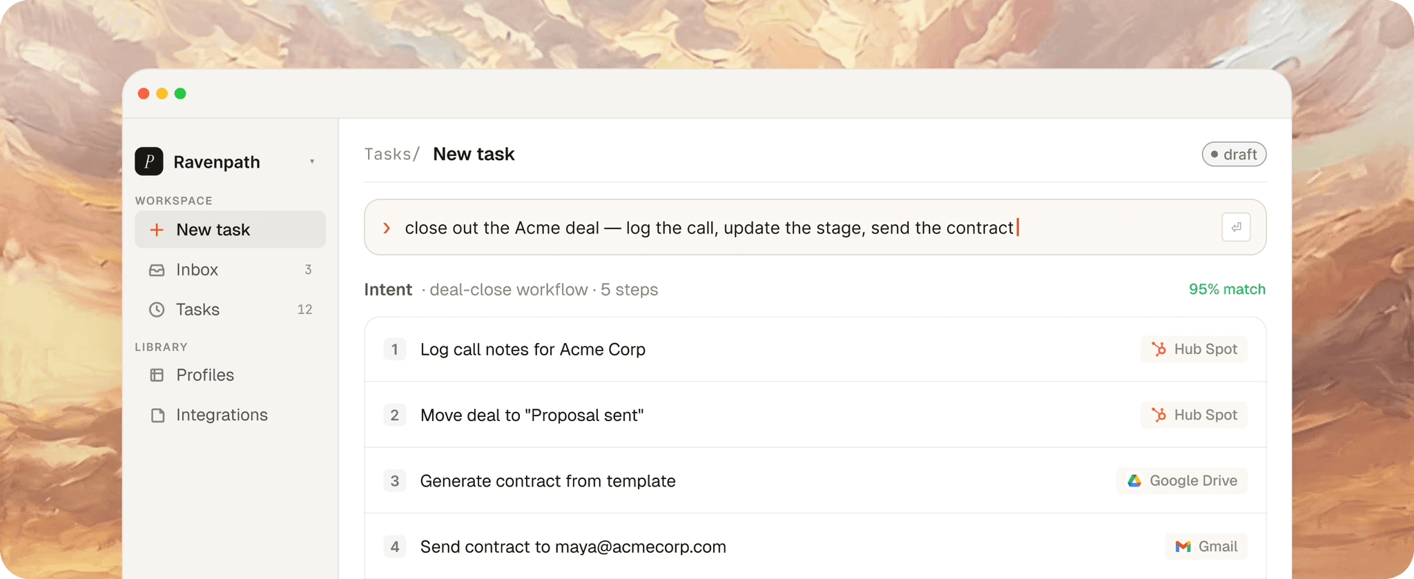 Task workspace app showing a deal-close workflow split into steps such as logging call notes and generating a contract