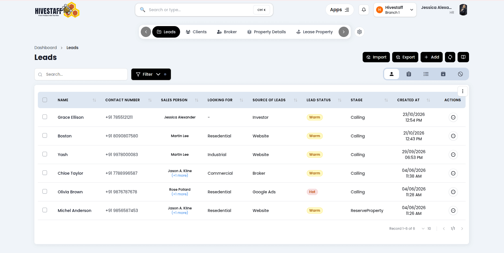 HiveStaff Real Estate OS Dashboard featuring land, inventory, CRM, project tracking and accounting