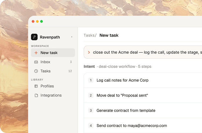 Task workspace listing the steps of a deal-close workflow, from logging call notes to sending the contract