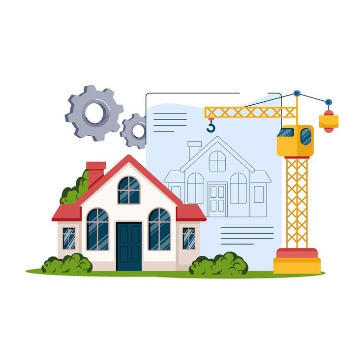 Illustration of a house, its blueprint and a construction crane