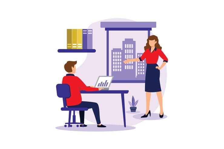 Illustration of a colleague presenting a city plan to a teammate at a desk