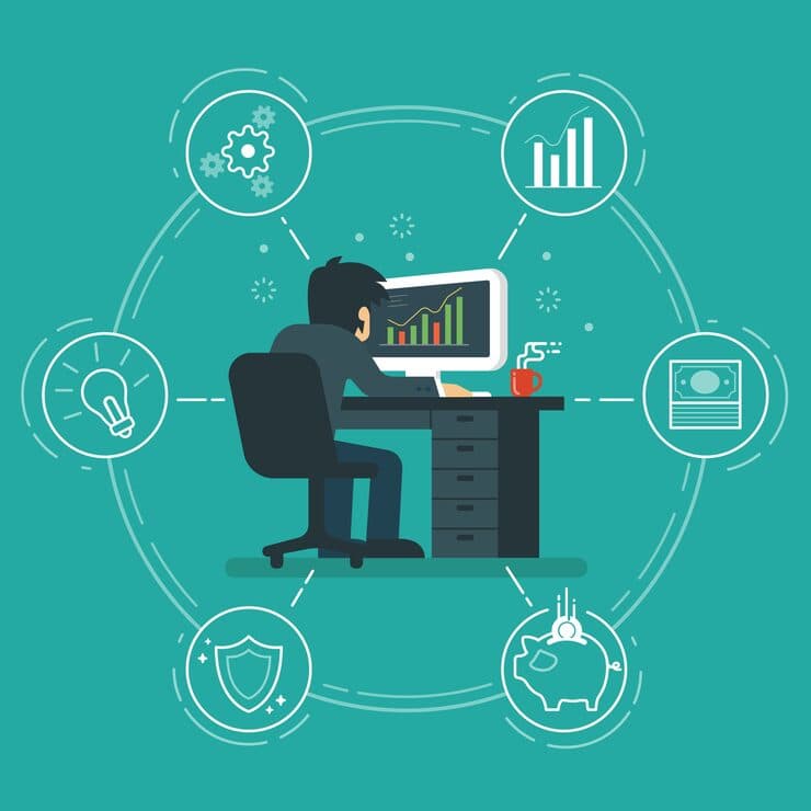 Illustration of a person at a desk surrounded by connected business icons