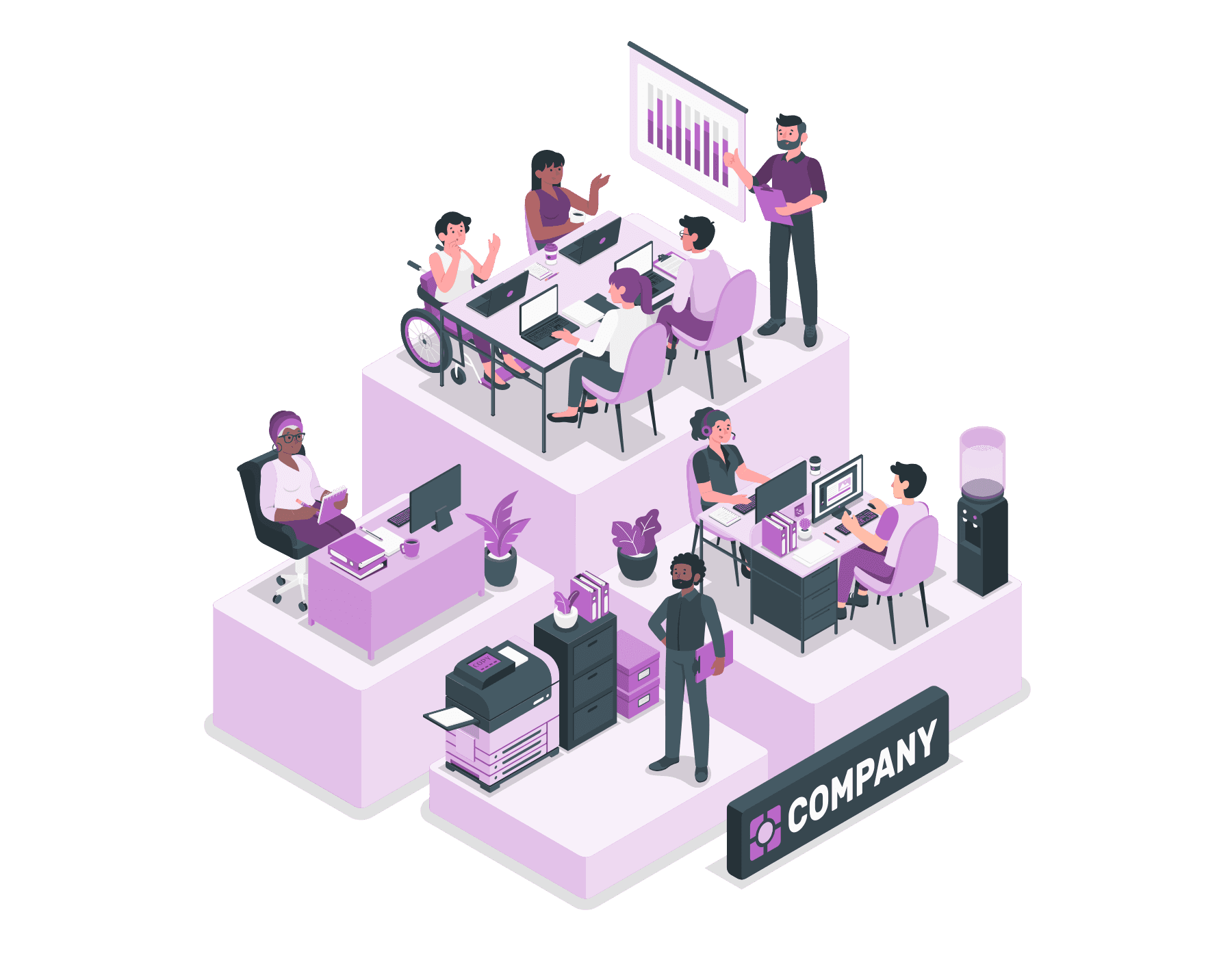 Illustration of an HR team member at a computer connected to employees and managers