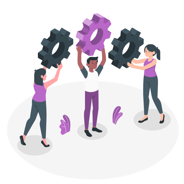 Interlocking team ecosystem and connected business software illustration